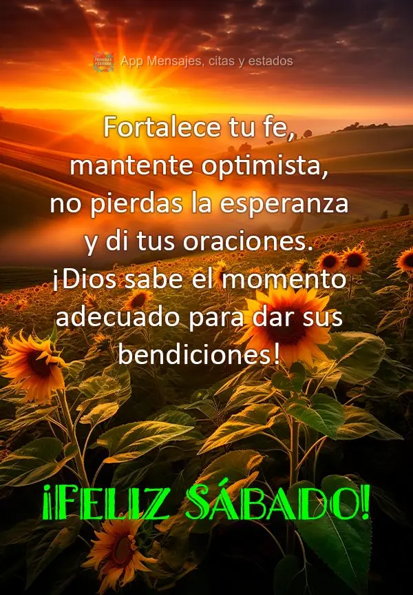 Fortalece tu fe, mantente optimista, no pierdas la esperanza y di tus oraciones. ¡Dios sabe el momento adecuado para dar sus bendiciones! ¡Feliz Sábad...