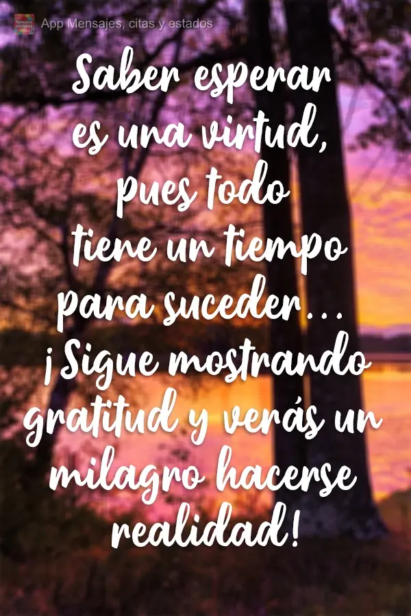 Saber esperar es una virtud, pues todo tiene un tiempo para suceder... ¡Sigue mostrando gratitud y verás un milagro hacerse realidad!