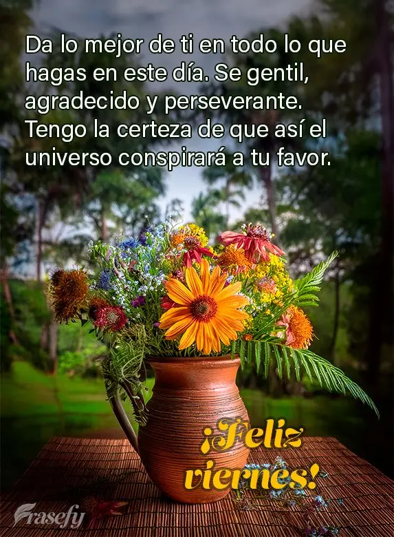 Dê o seu melhor em tudo o que fizer neste dia. Seja gentil, grato e perseverante. Assim, tenho certeza que o universo conspirará a seu favor. Feliz Sex...