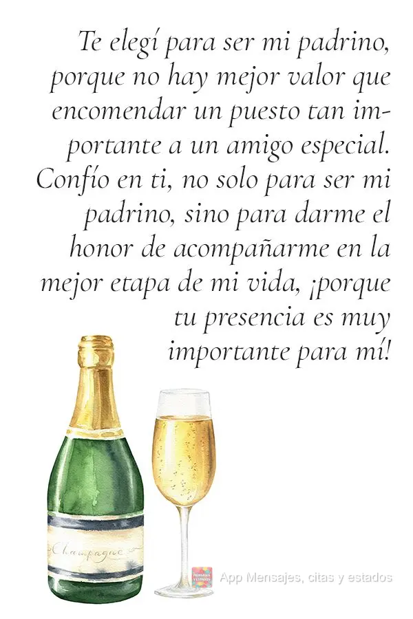 Te elegí para ser mi padrino, porque no hay mejor valor que encomendar un puesto tan importante a un amigo especial. Confío en ti, no solo para ser mi ...