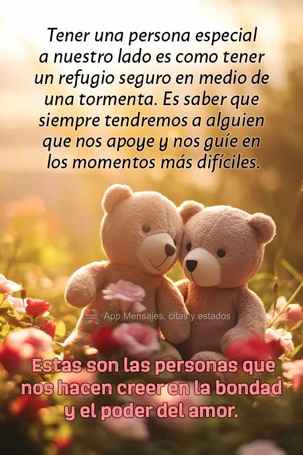 Tener una persona especial a nuestro lado es como tener un refugio seguro en medio de una tormenta. Es saber que siempre tendremos a alguien que nos apoy...