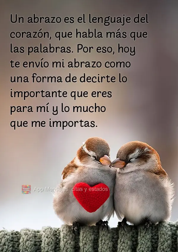 Un abrazo es el lenguaje del corazón, que habla más que las palabras. Por eso, hoy te envío mi abrazo como una forma de decirte lo importante que eres...