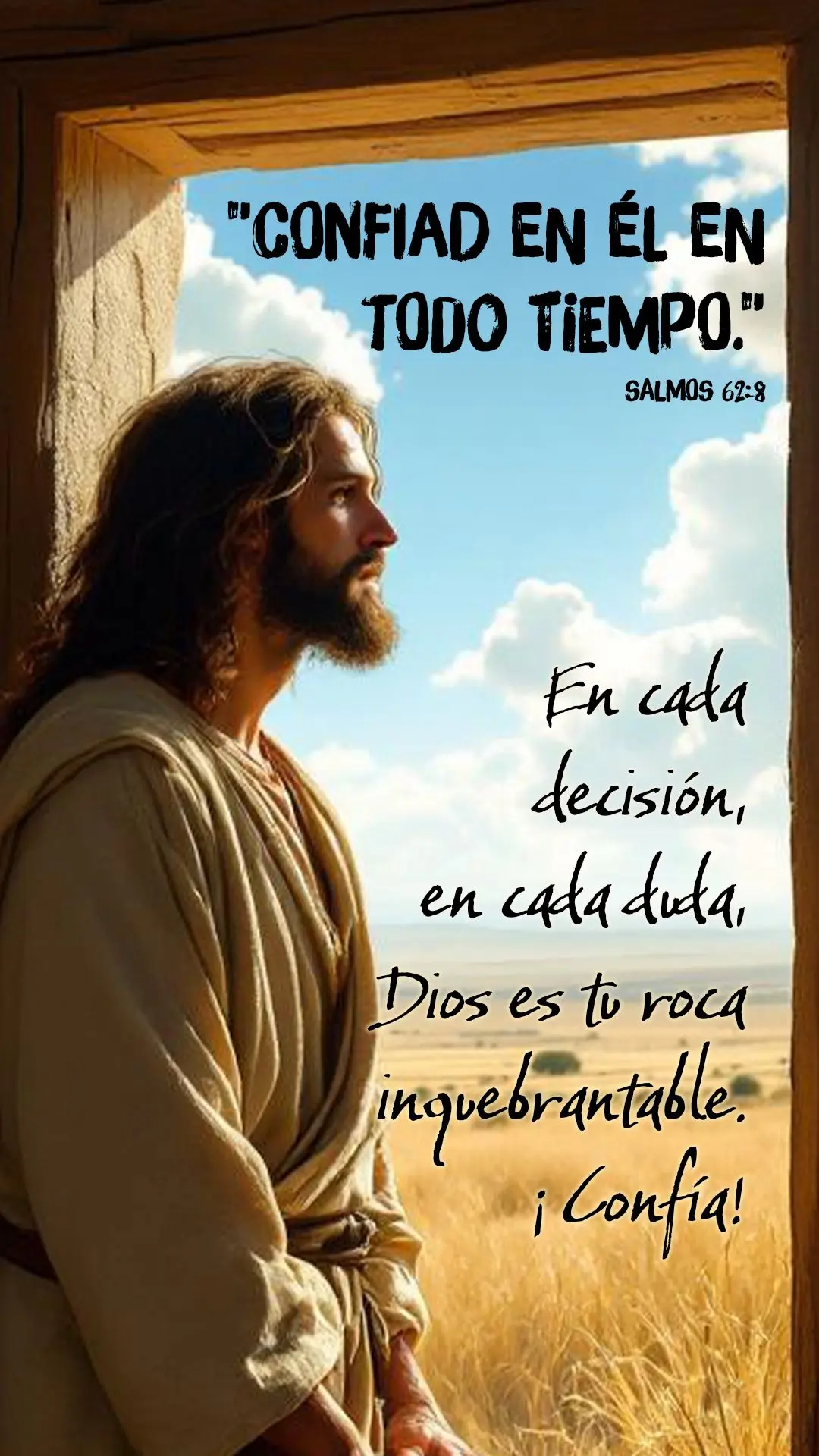 "Confiad en él en todo tiempo." — Salmos 62:8
En cada decisión, en cada duda, Dios es tu roca inquebrantable. ¡Confía!