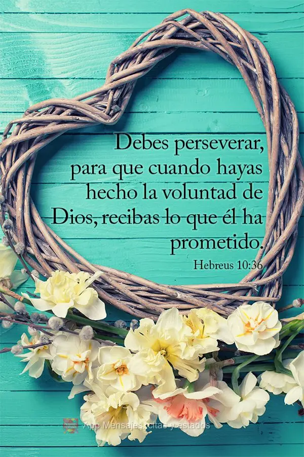 Debes perseverar, para que cuando hayas hecho la voluntad de Dios, recibas lo que él ha prometido. Hebreos 10:36