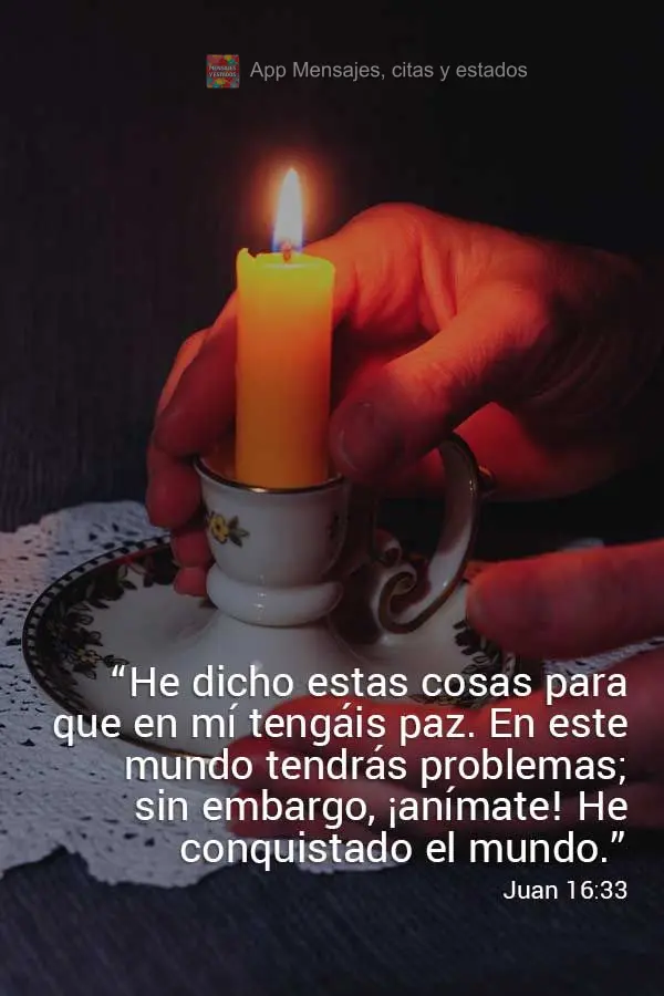“He dicho estas cosas para que en mí tengáis paz. En este mundo tendrás problemas; sin embargo, ¡anímate! He conquistado el mundo.” Juan 16:33...