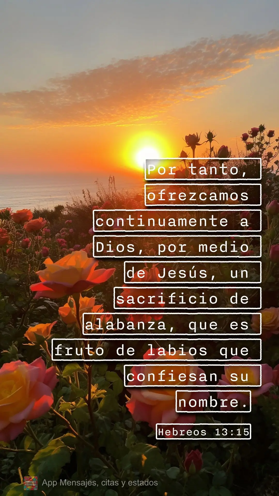 Por tanto, ofrezcamos continuamente a Dios, por medio de Jesús, un sacrificio de alabanza, que es fruto de labios que confiesan su nombre. Hebreos 13:15...