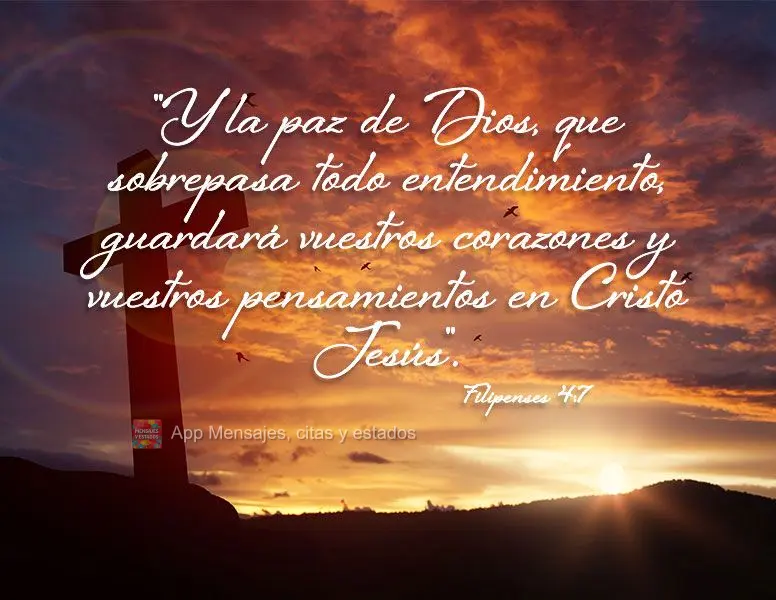 "Y la paz de Dios, que sobrepasa todo entendimiento, guardará vuestros corazones y vuestros pensamientos en Cristo Jesús". Filipenses 4:7