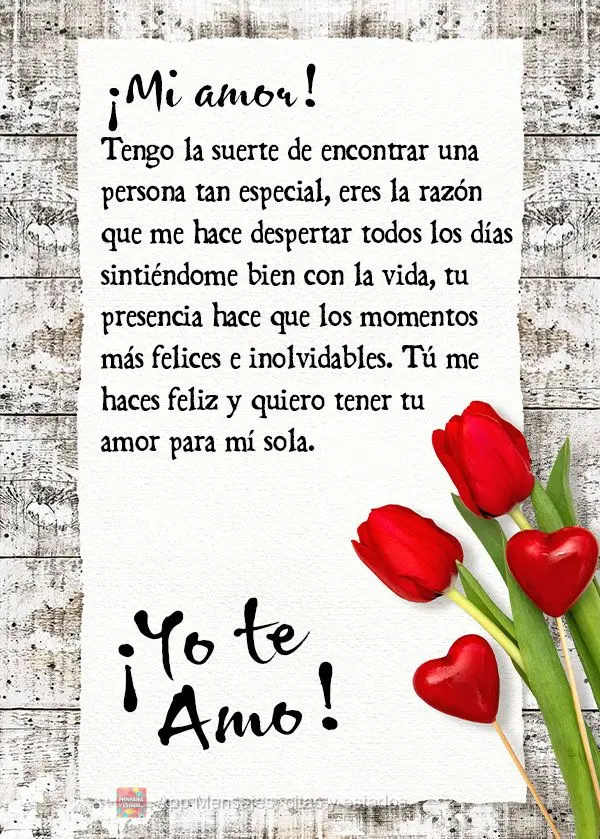 ¡Mi amor! Tengo la suerte de encontrar una persona tan especial, eres la razón que me hace despertar todos los días sintiéndome bien con la vida, tu ...