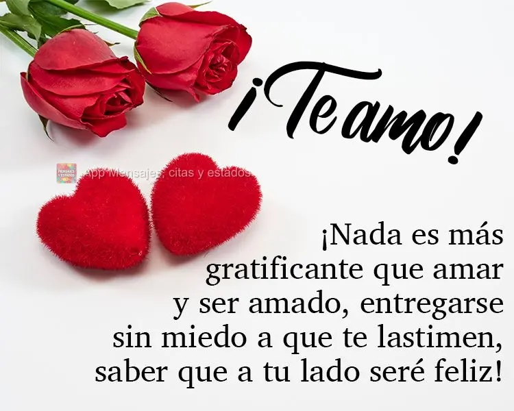 ¡Nada es más gratificante que amar y ser amado, entregarse sin miedo a que te lastimen, saber que a tu lado seré feliz! ¡Te amo!